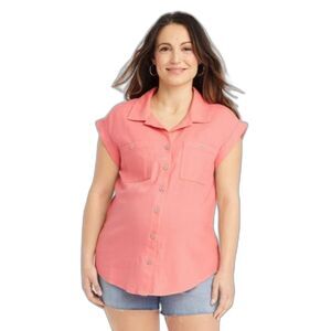 Isabel Maternity - Short Sleeve Linen Button-Up Maternity Shirt- XS